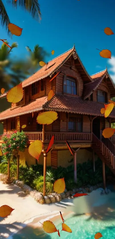 Tropical wooden beach house with fall leaves and azure ocean backdrop.