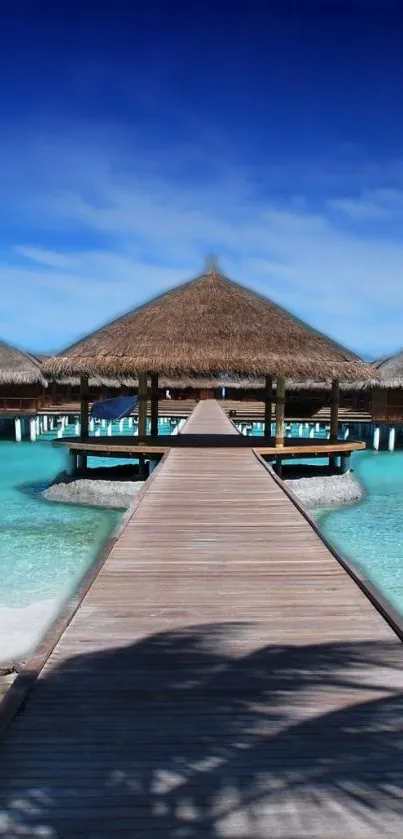 Tropical beach with pier and thatched huts under a clear blue sky.