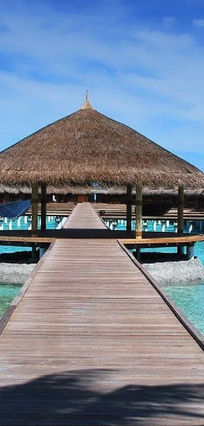 Tropical beach hut with turquoise sea and blue sky, perfect mobile wallpaper.