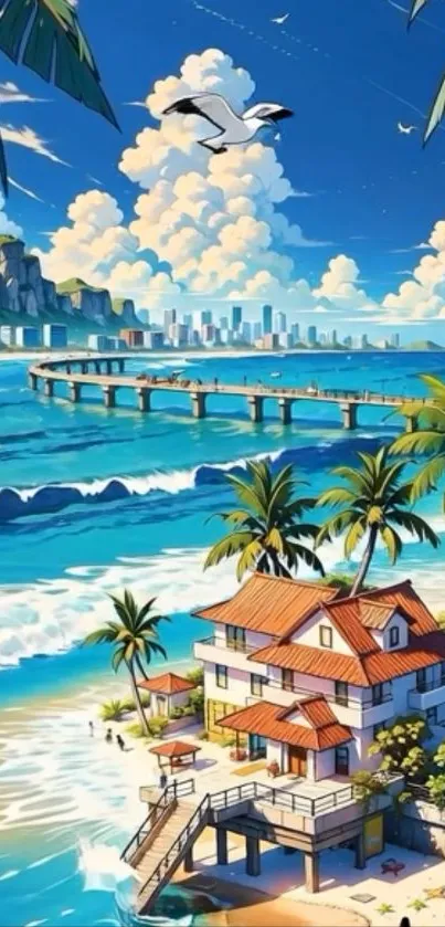 Illustration of a tropical beach with a house, palm trees, and azure waves.
