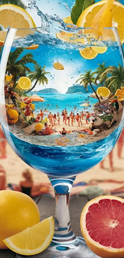 Tropical beach scene inside a glass with citrus fruits.