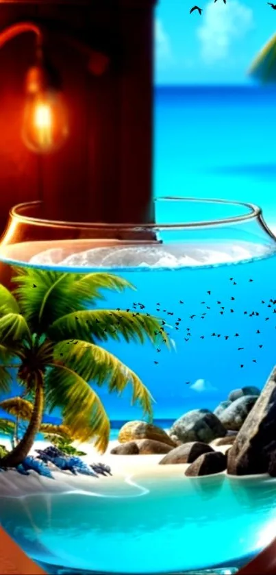 Vivid beach scene inside a fishbowl with azure ocean and palm trees.