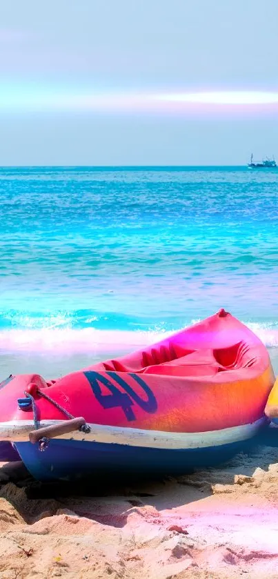 Colorful kayaks on a serene tropical beach with blue ocean.