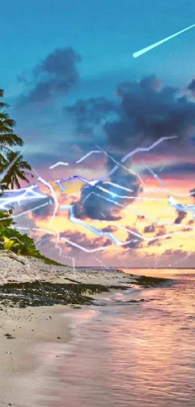 Tropical beach at sunset with lightning art overlay.