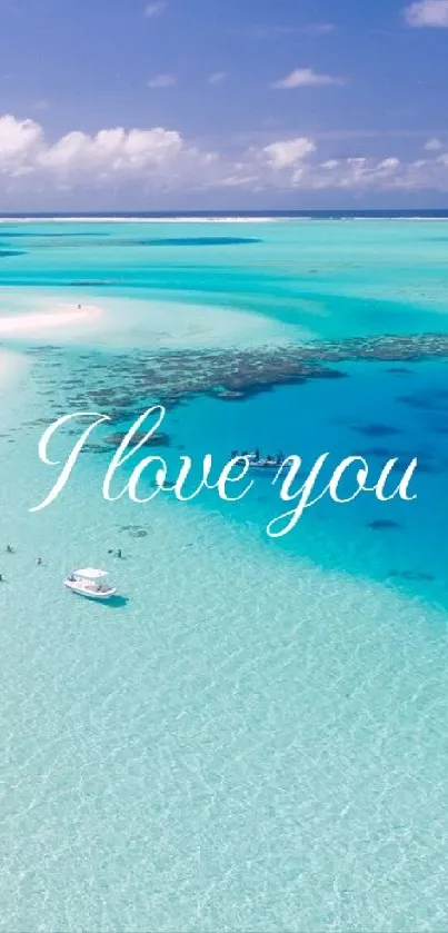 Tropical beach with 'I love you' text overlay, serene ocean view.