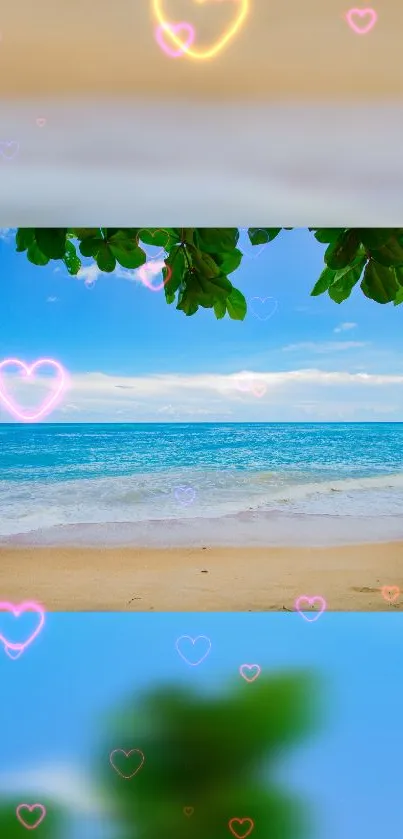 Tropical beach scene with heart overlays under sunny sky.