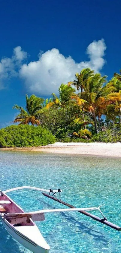 Tropical beach wallpaper with palm trees and clear blue waters.