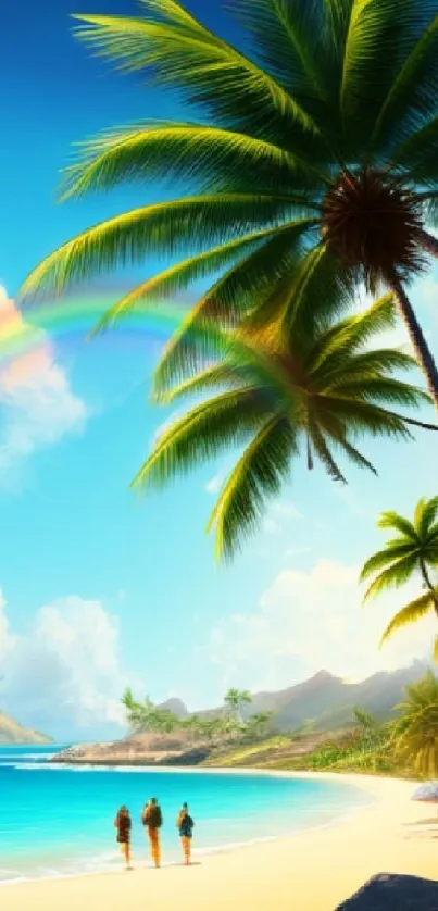 Scenic tropical beach with palm trees and clear blue sky.