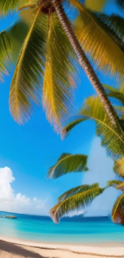 Tropical beach with palm trees and blue sky mobile wallpaper.