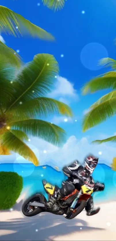 Motorcycle on tropical beach with palm trees and blue sky wallpaper.