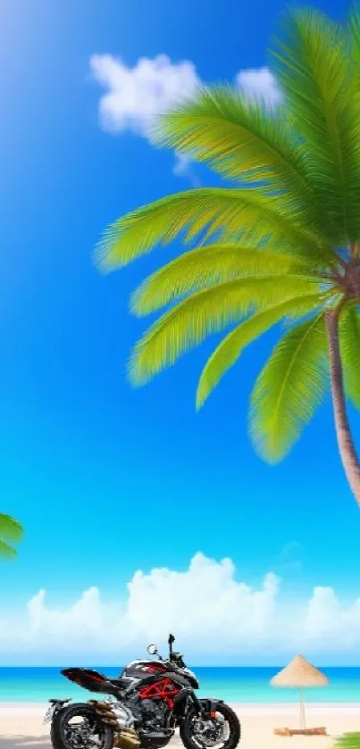 Motorcycle parked on a tropical beach with palm trees and a clear blue sky.