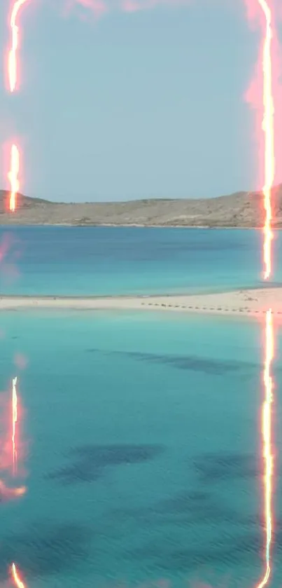 Tropical beach with neon glow overlay and serene ocean view.