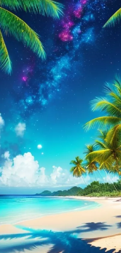 Tropical beach under a starry night sky with palm trees and ocean waves.