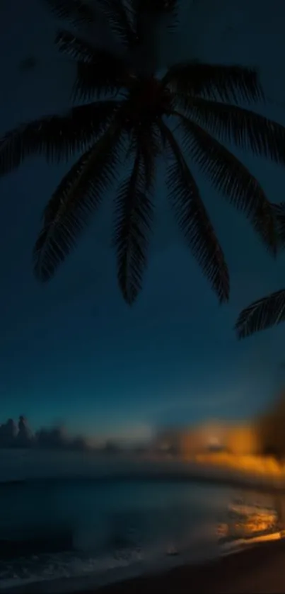 Tropical beach at night with silhouetted palm trees and a dark blue sky.