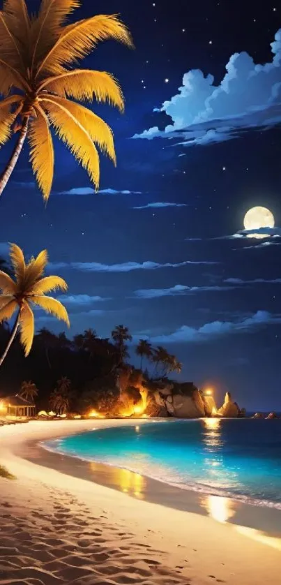 Tropical night beach with palm trees and a full moon reflecting on the ocean.