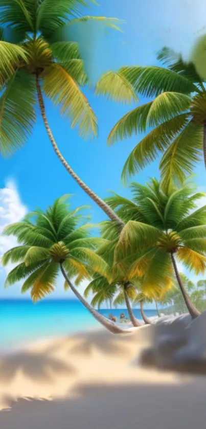 Tropical beach wallpaper with palm trees and blue sky.