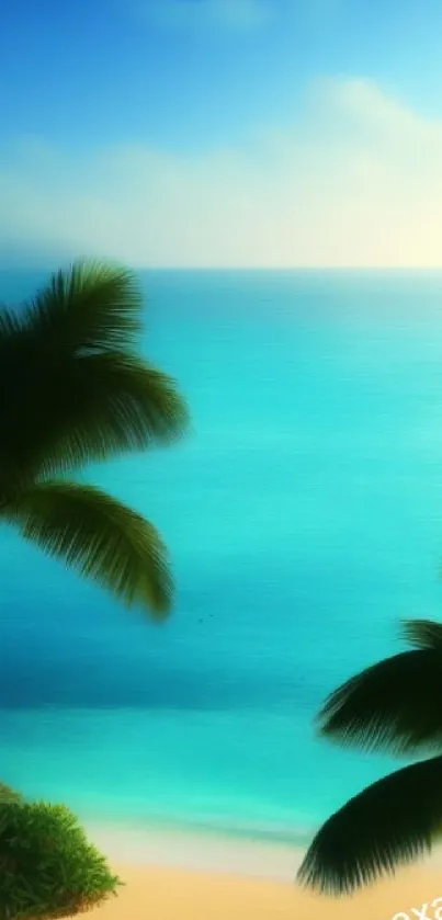 Tropical beach with turquoise water and palm trees in the foreground.