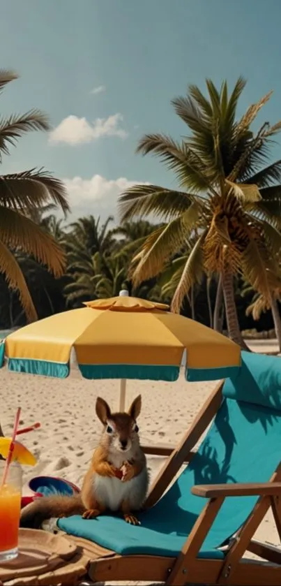 Tropical beach scene with squirrel and umbrella.