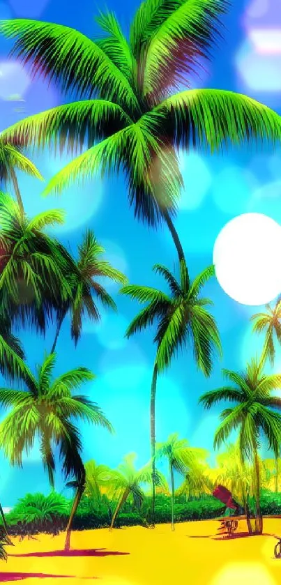 Tropical beach with palm trees under a bright blue sky and sunny backdrop.