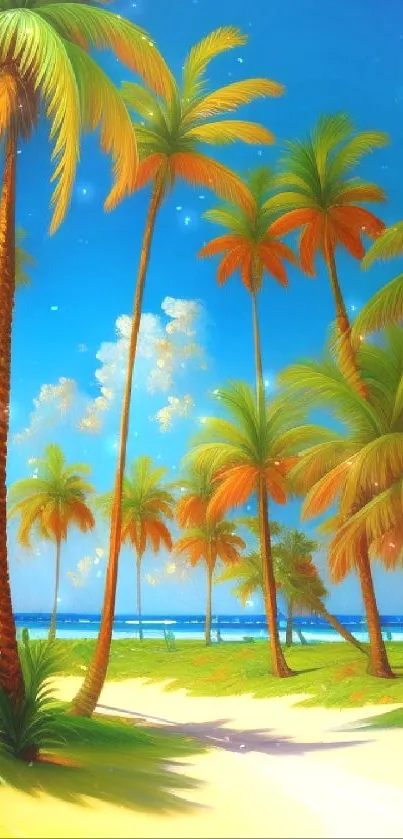 Vibrant tropical beach wallpaper with palm trees and blue sky.