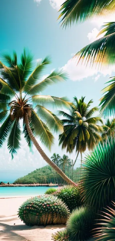 Vibrant beach scene with tall palms and turquoise ocean under sunny skies.