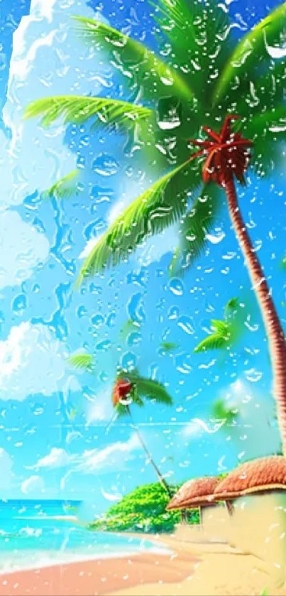 Tropical beach wallpaper with palm trees and clear blue sky.