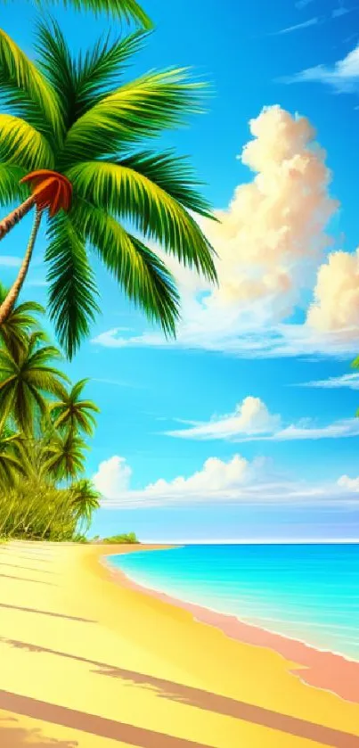 Tropical beach with palm trees and clear skies, perfect for a serene mobile wallpaper.