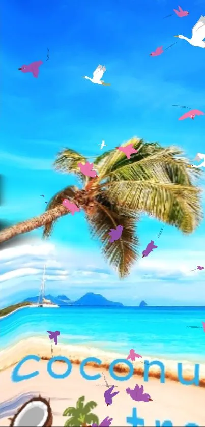 Tropical beach scene with palm trees and flying birds, perfect for a mobile wallpaper.