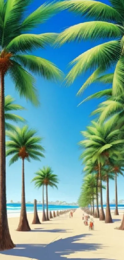 Tropical beach with palm trees under a blue sky.