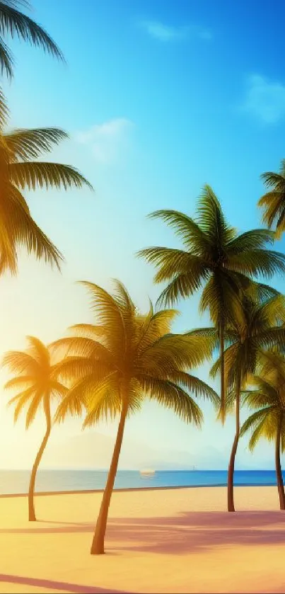 Scenic tropical beach with palm trees under a vibrant blue sky at sunset.