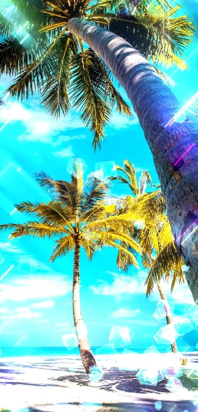 Vibrant tropical beach with palm trees and blue sky.