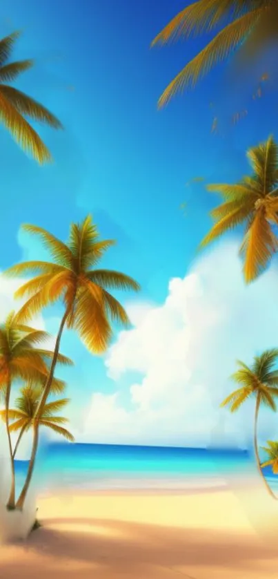 Tropical beach with palm trees and blue sky wallpaper.