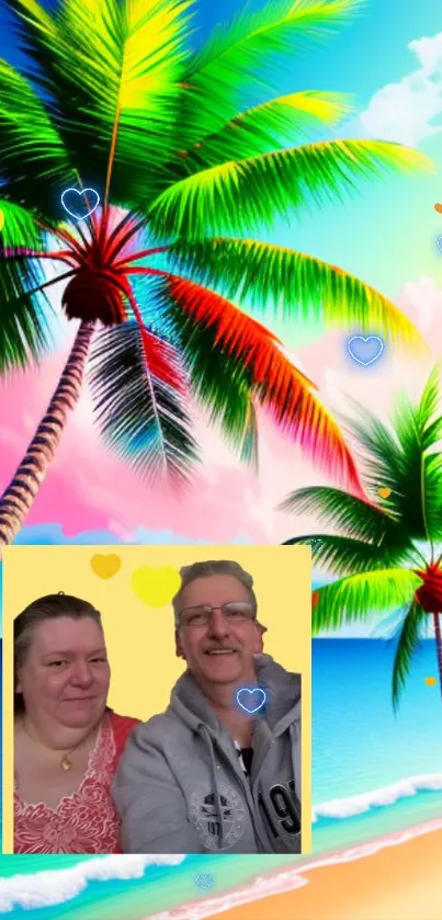 Tropical beach scene with vibrant palm trees and colorful sky.