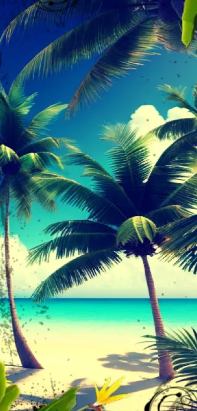 Tropical beach wallpaper with palm trees and blue ocean.