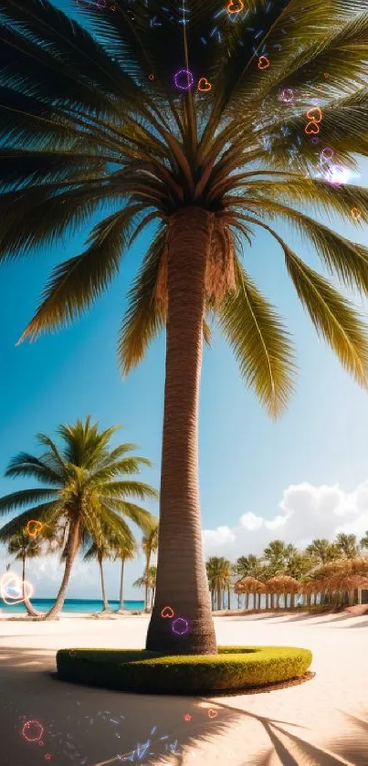 Tropical beach with palm trees under a bright blue sky.