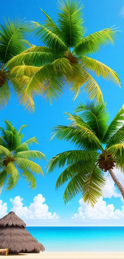 Tropical beach with palm trees under a bright blue sky on a sunny day.