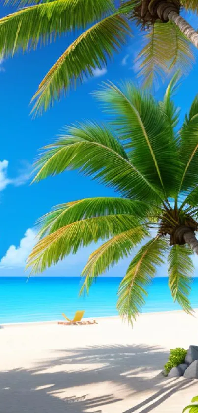 Tropical beach with palm trees and blue sky, perfect for phone wallpaper.