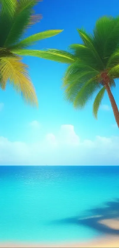 Tropical beach wallpaper with palms and ocean view.