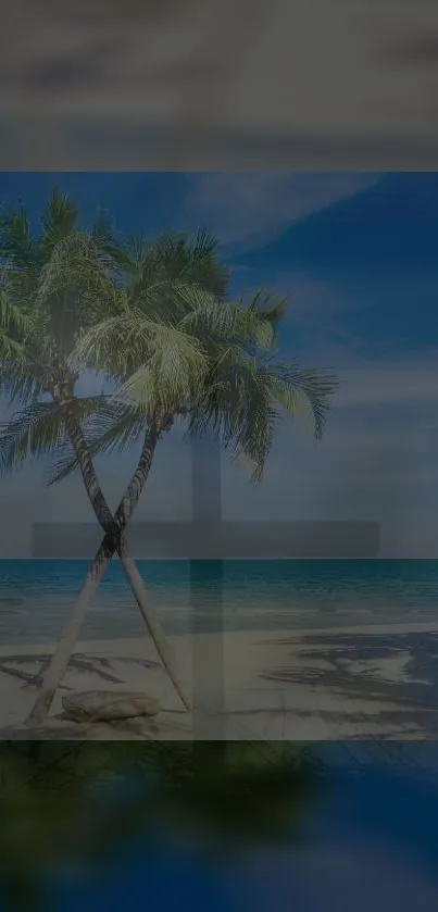 Tropical beach with palm trees and a clear blue sky on a sunny day.