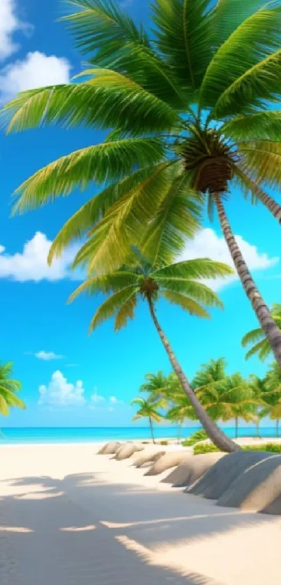 Serene tropical beach with palm trees and clear skies.