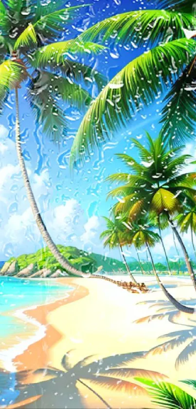 Tropical beach with palm trees and clear blue sky wallpaper.