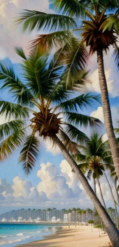 Wallpaper of tropical beach with palm trees under blue sky.