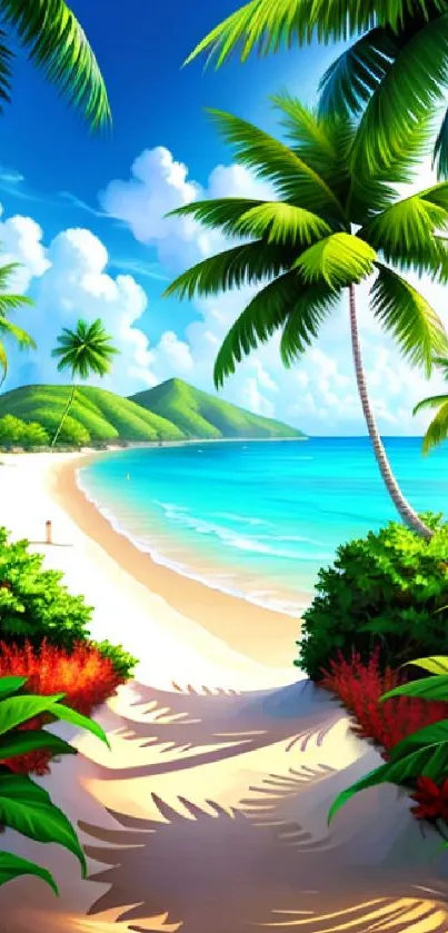 Vibrant tropical beach with palm trees and clear blue waters.