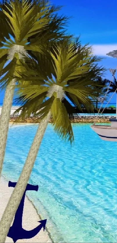 Tropical beach with palms and blue ocean under a bright sky.