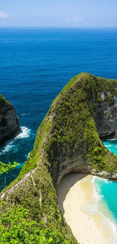 Tropical island beach with turquoise waters and lush green cliffs.