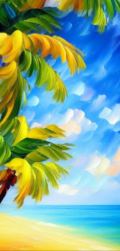 Vibrant tropical beach art with blue skies and palm trees.