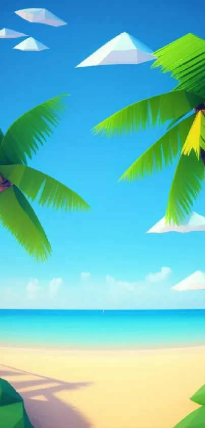 Low-poly tropical beach wallpaper with palm trees and blue sky.