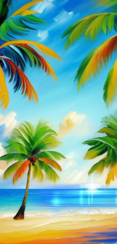 Vibrant tropical beach wallpaper with palm trees under a bright blue sky.