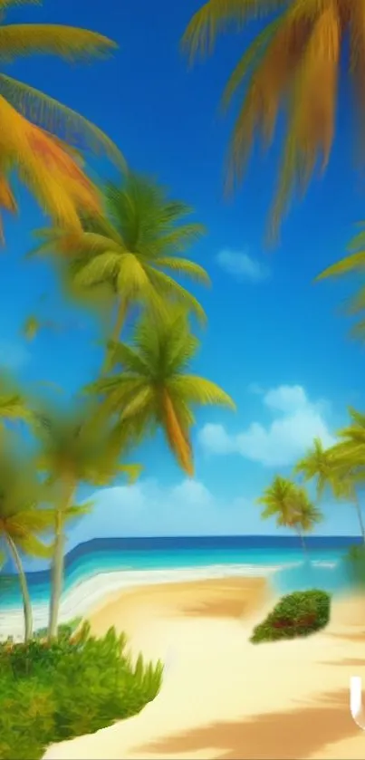 Tropical beach wallpaper with palm trees and a sunny blue sky.