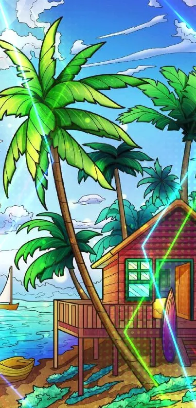 Tropical beach wallpaper with palm trees and a beach house.